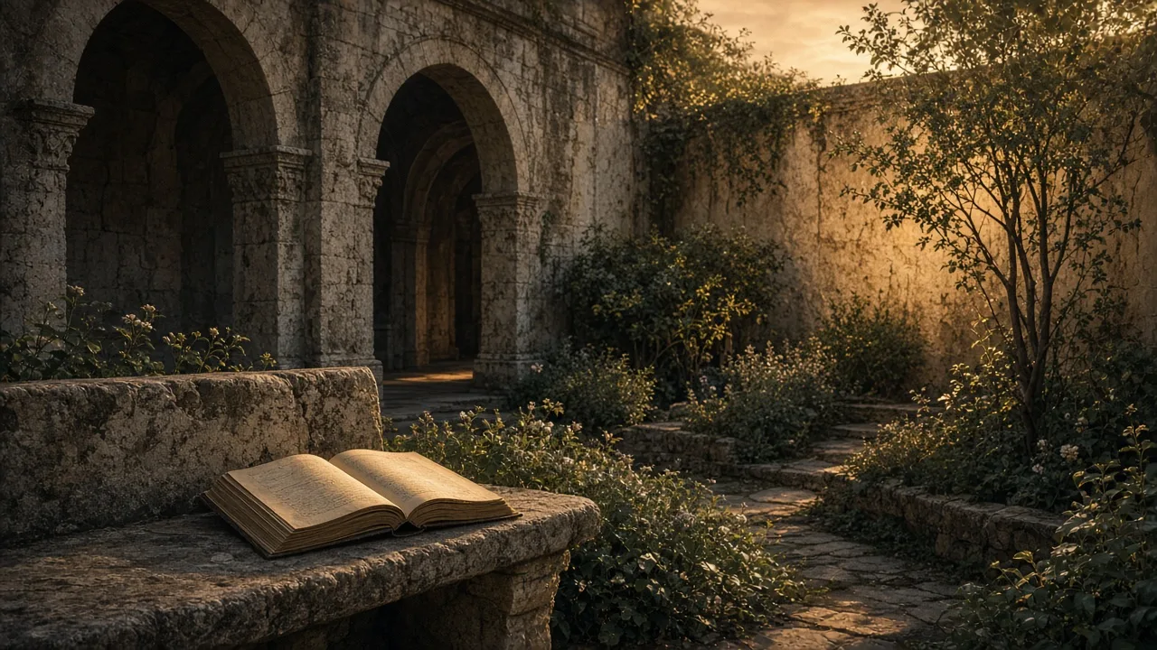 Cloister garden with a stone bench, open codex and late sun on Mediterranean walls — contemplation, not a triumph.
