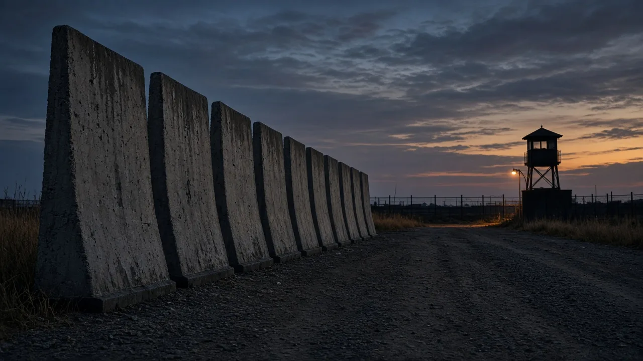 Raked sand death strip between concrete walls under cold floodlight — a cage against exit, not an antifascist monument.
