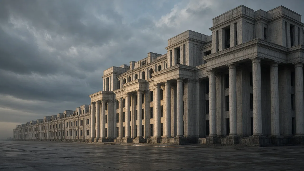 Vast unfinished concrete palace facade under a cold sky — monumental state building amid scarcity, no balcony cult scene.