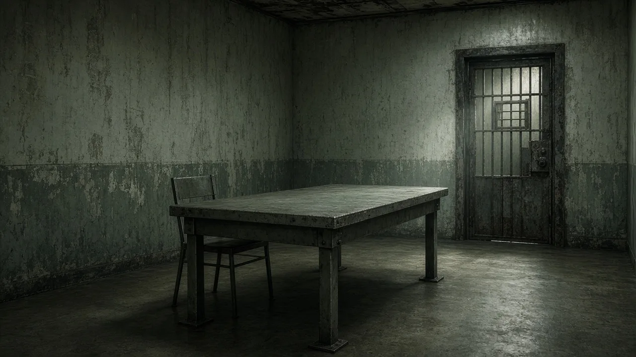 Bare interrogation room with a metal desk, supervised telephone and barred door — institutional coercion, no heroic shield emblem.