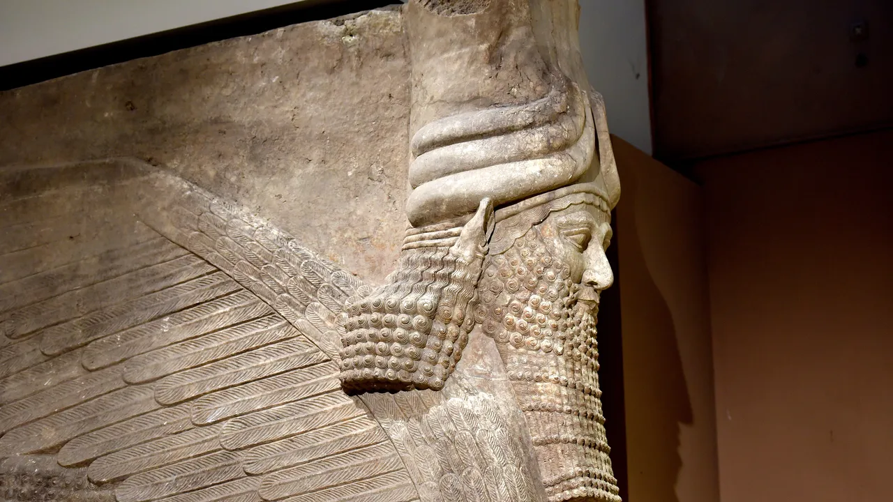 A winged lamassu, the human headed bull that guarded Assyrian palaces. (Wikimedia Commons)