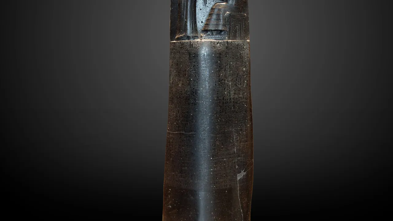 The law stele of Hammurabi, top showing the king receiving the laws from the sun god. (Wikimedia Commons)