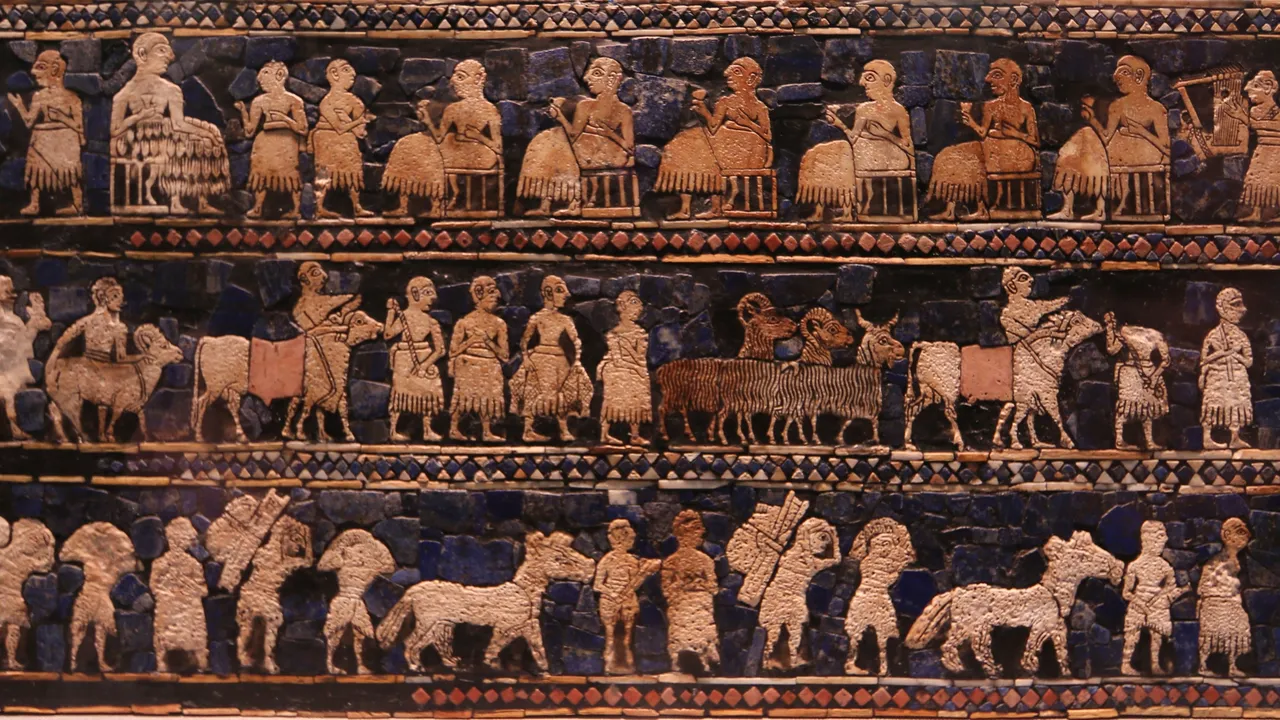 The Standard of Ur, a Sumerian mosaic from about 2600 BCE showing war and peace. (Wikimedia Commons)