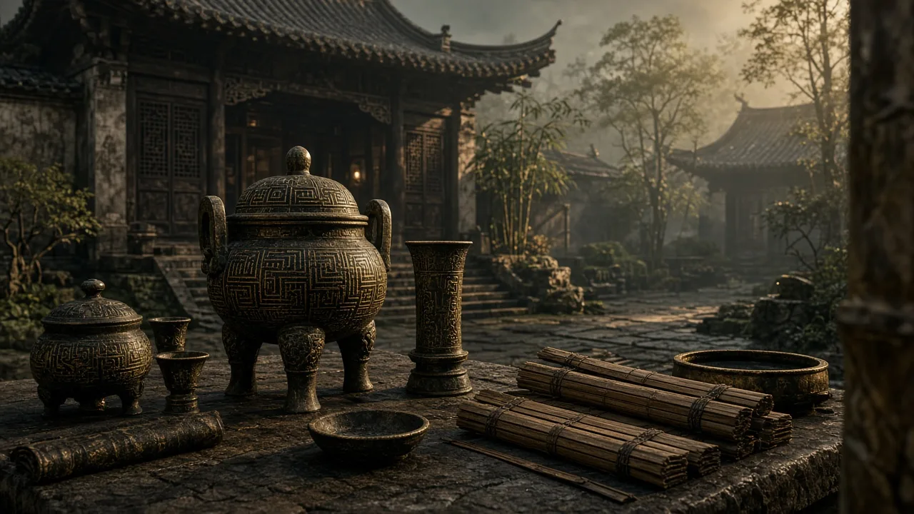 Quiet courtyard with ritual bronzes and rolled bamboo slips on a low table — transmission and order, not an imperial cult statue.