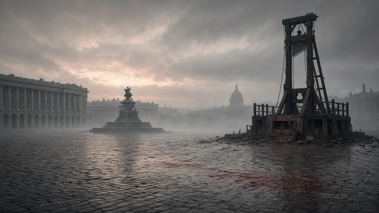 Empty Place de la Révolution at dawn with a shrouded scaffold silhouette — aftermath of mechanized justice, not a cheering mob.