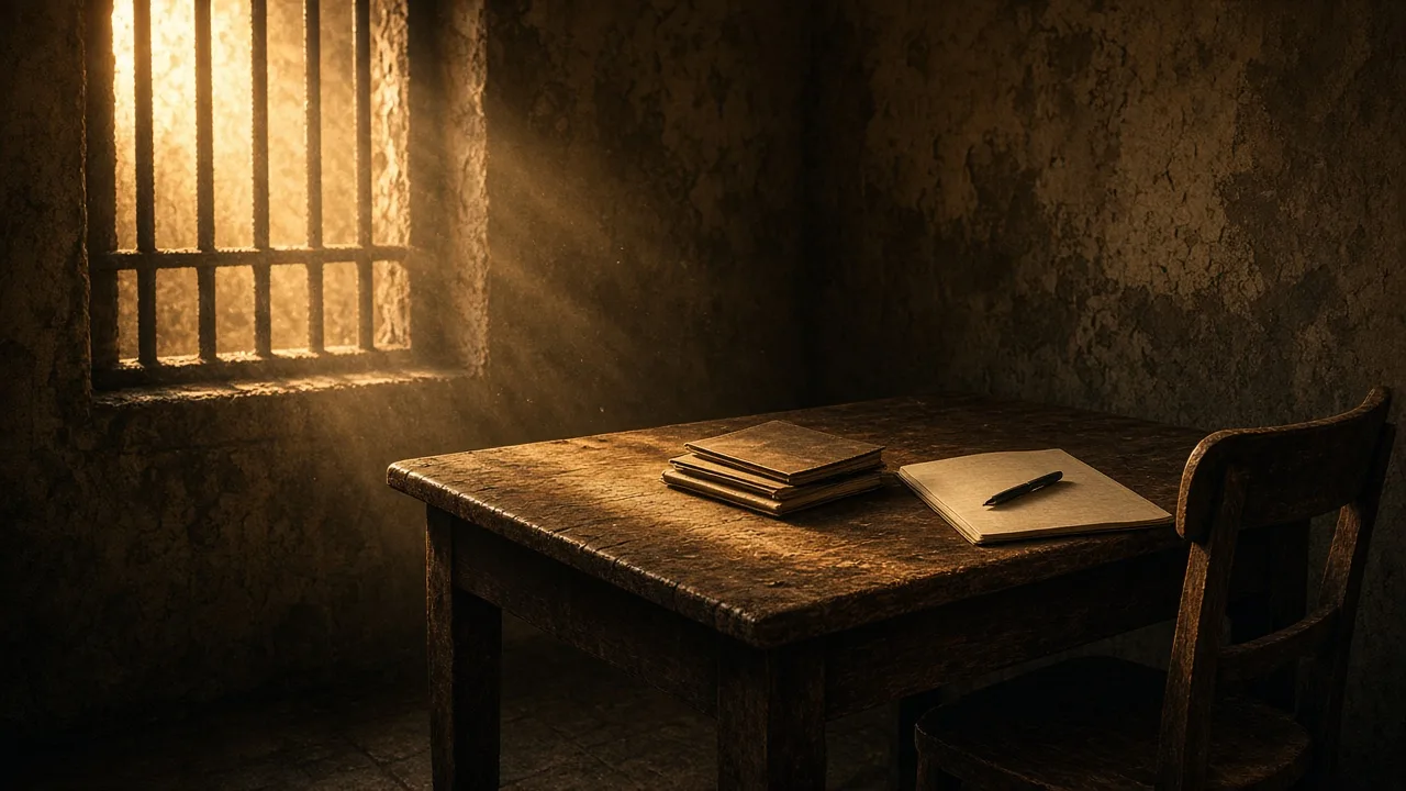 Sparse prison cell desk with stacked notebooks and a barred window on a pale sky — writing under constraint, not a heroic mural.
