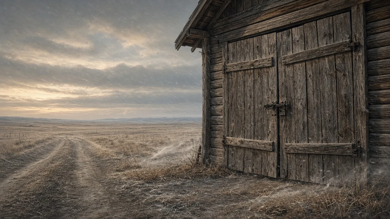Locked wooden granary doors on a wind-scoured steppe — grain held, road empty, no poster harvest.