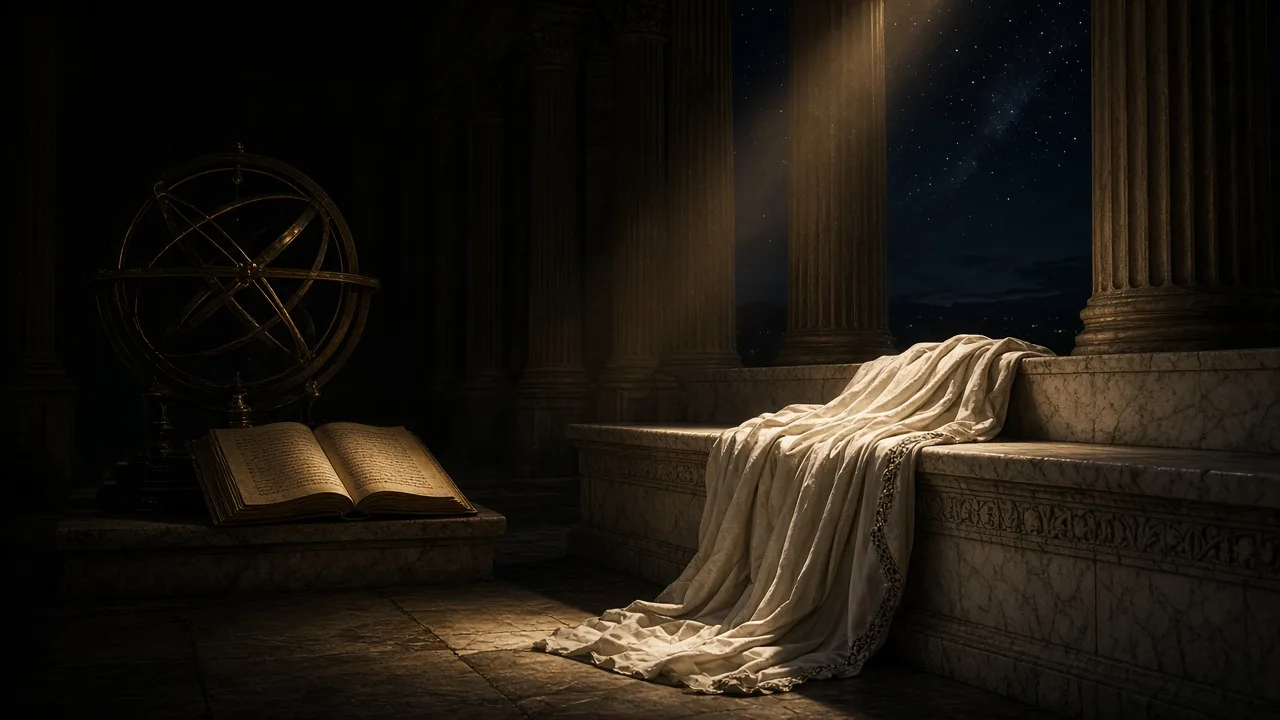 A philosopher's cloak beside an armillary sphere