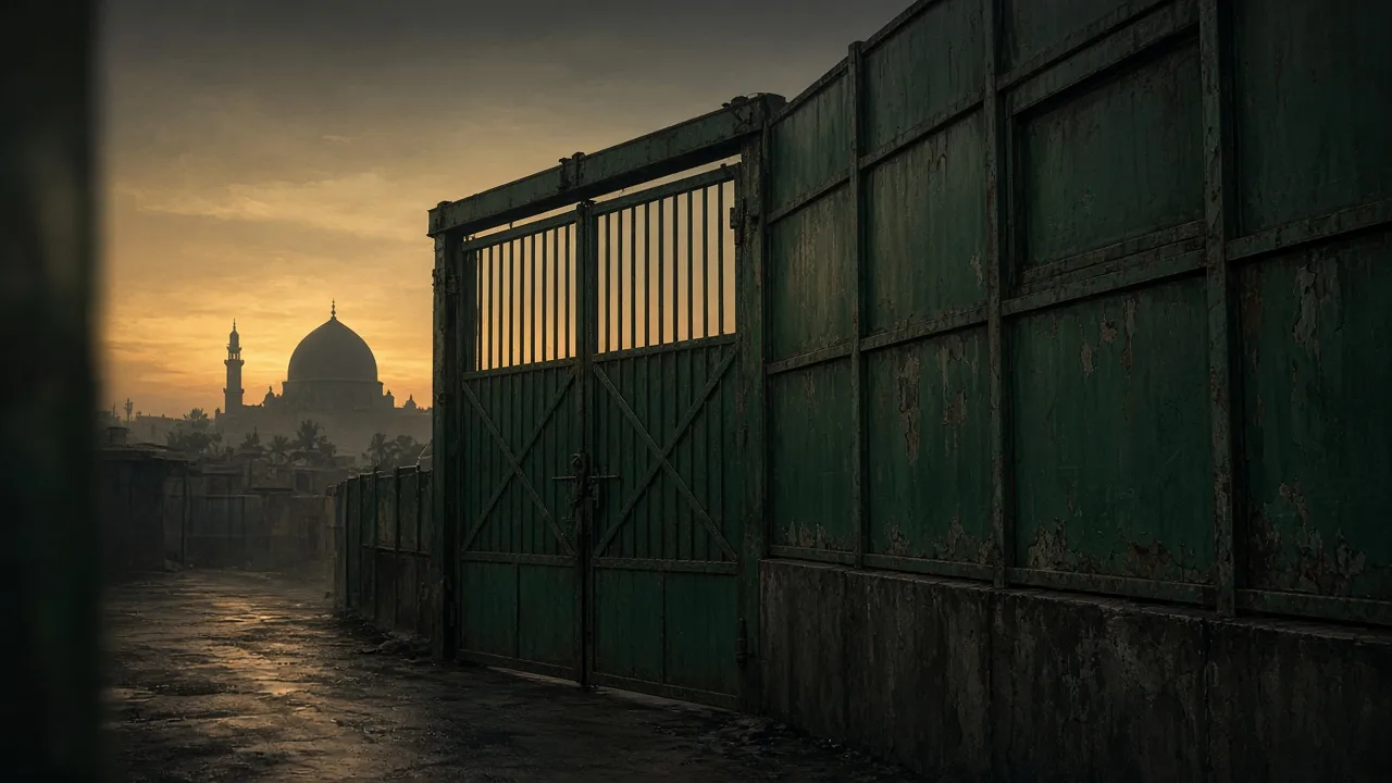 Desert fortification wall and empty watch road at blue hour — security architecture, no martyr mural.