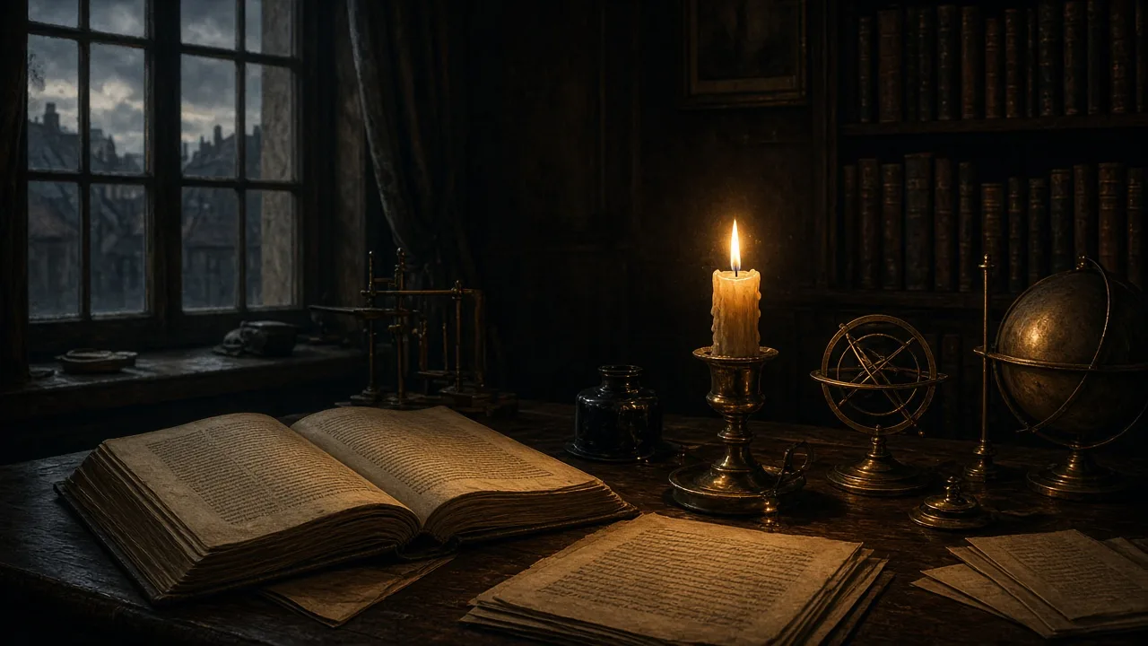 Candlelit study with open Latin folios, brass instruments and a window on a quiet Baltic street — solitary reason, no crowd.