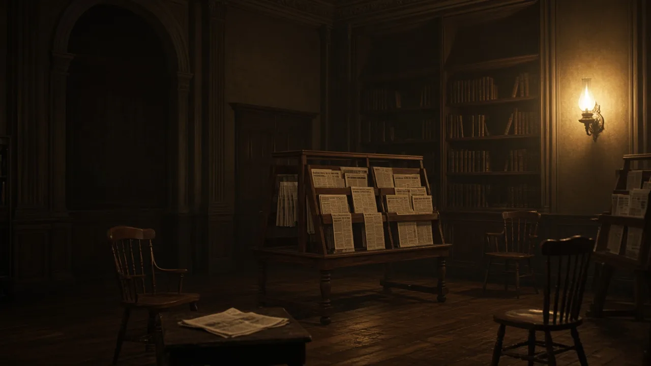 Late-nineteenth-century reading room with empty chairs and newspapers on stands — public opinion as print, not a mob.