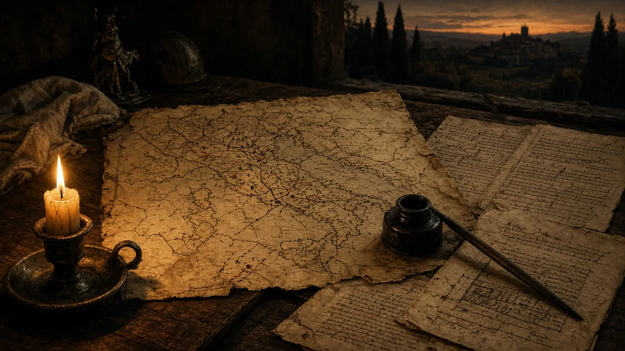 Farm study at dusk with candle, ink pot and maps of Italian city-states — exile and analysis, not a crowned conqueror.