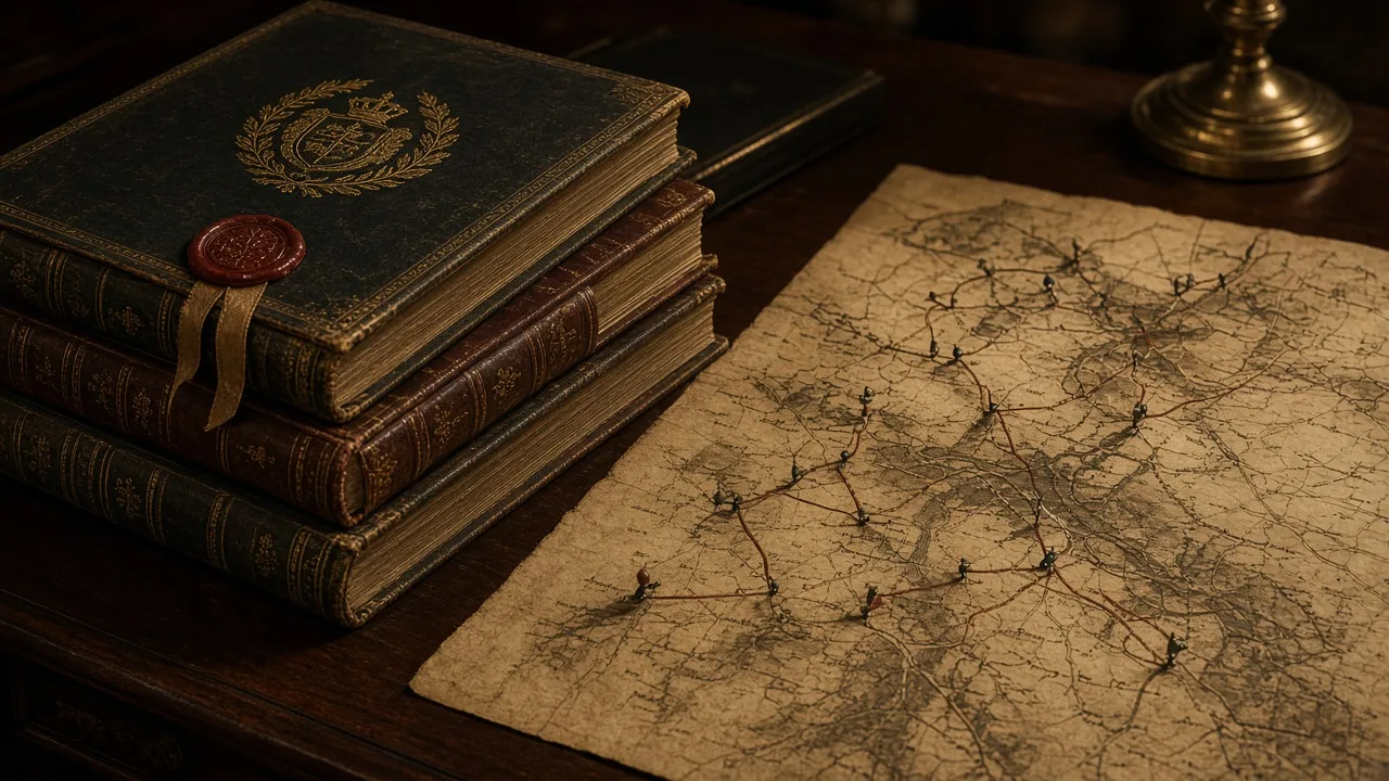 Law books and a sealed civil code on a mahogany desk beside a campaign map — property and administration, not a glory charge.