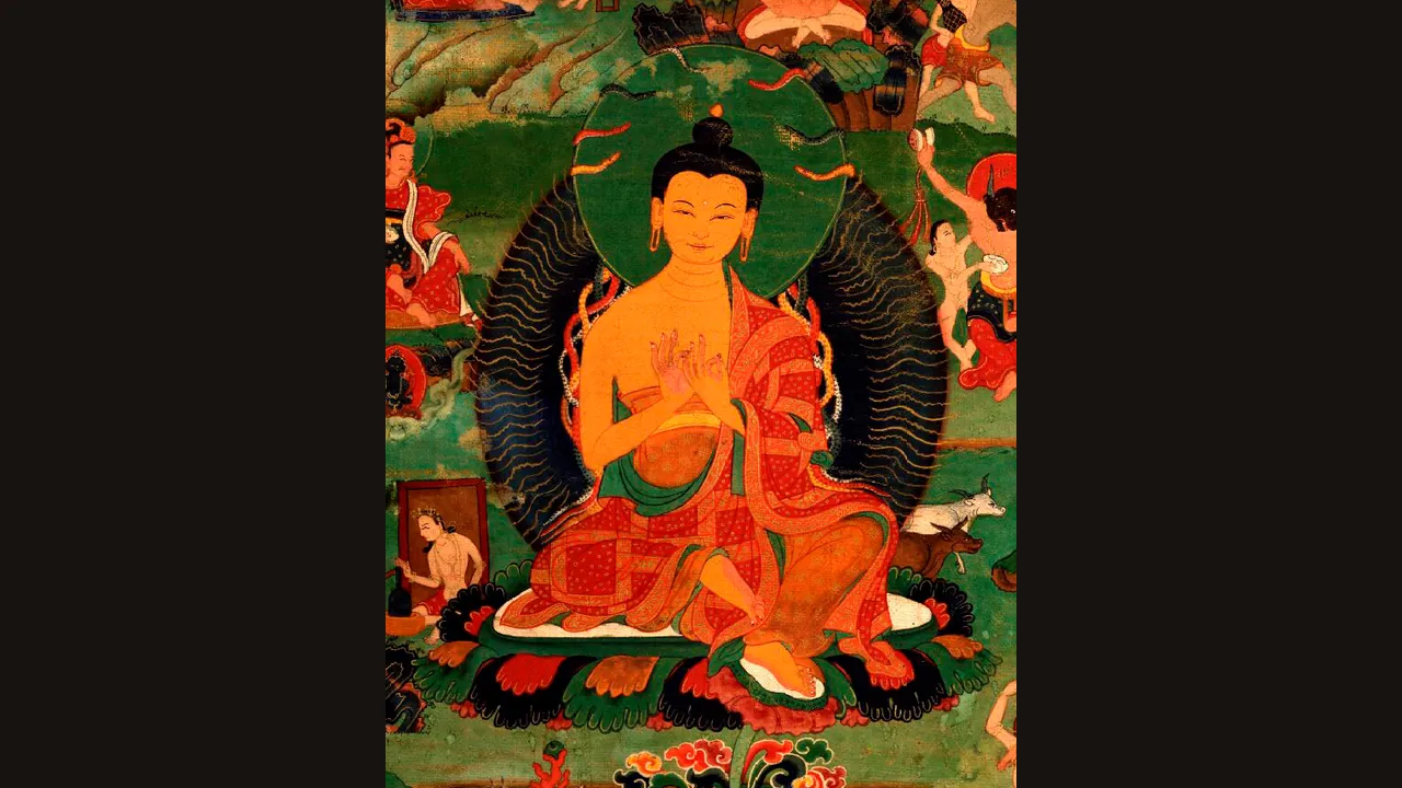 Nagarjuna in a Tibetan thangka painting (Wikimedia Commons, public domain)