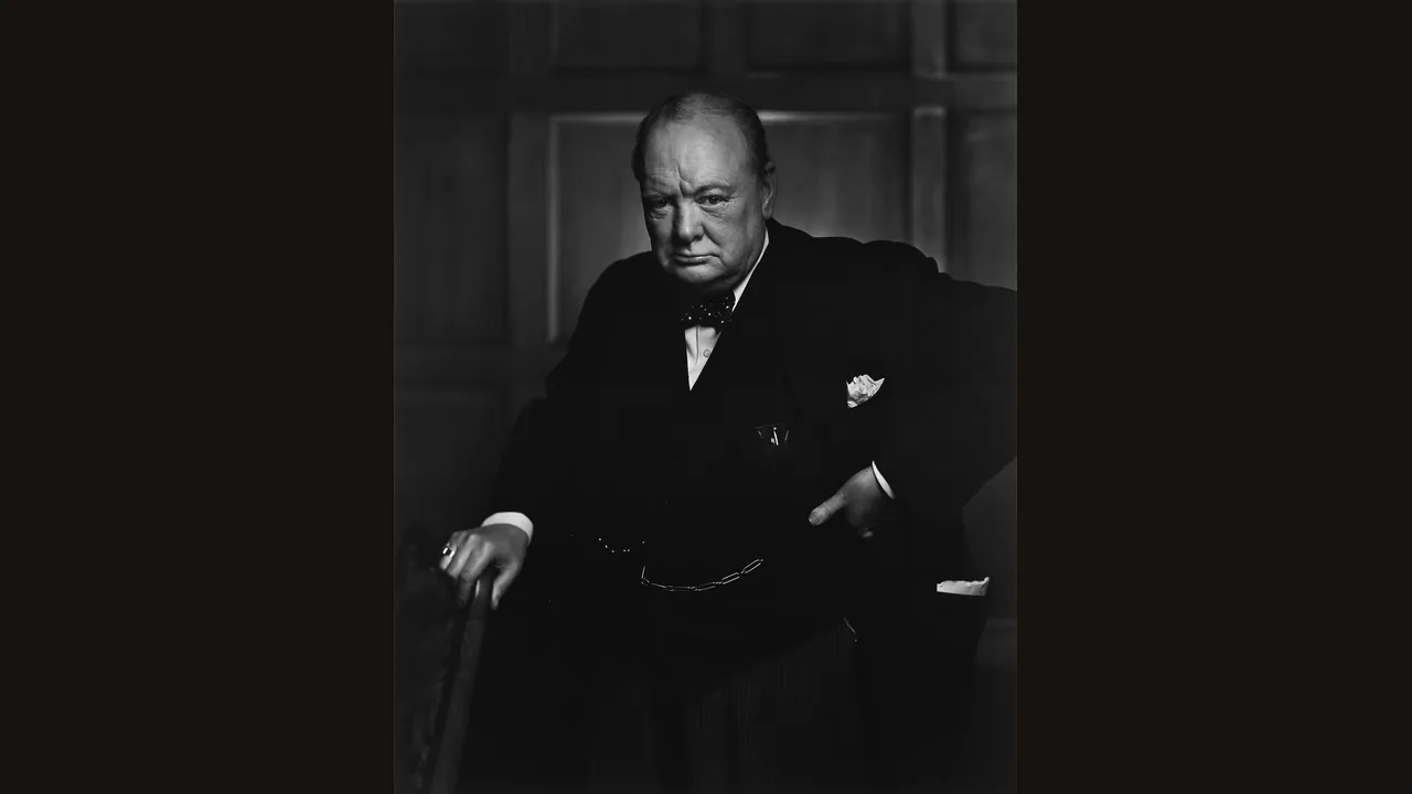 Winston Churchill inspecting bomb damage, 1940s photograph (Wikimedia Commons)