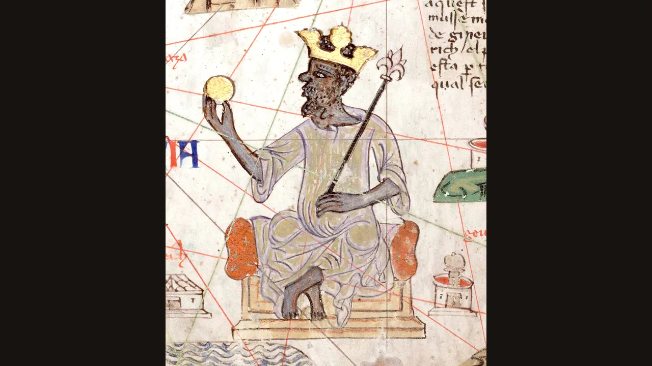 Mansa Musa enthroned, from the Catalan Atlas of 1375 (Wikimedia Commons)