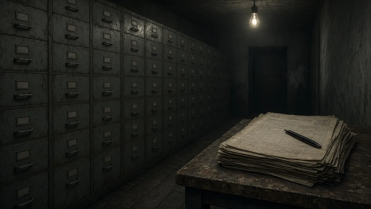 Dim archive corridor of identical file drawers and a single bare bulb — quota paperwork, not a cult portrait.