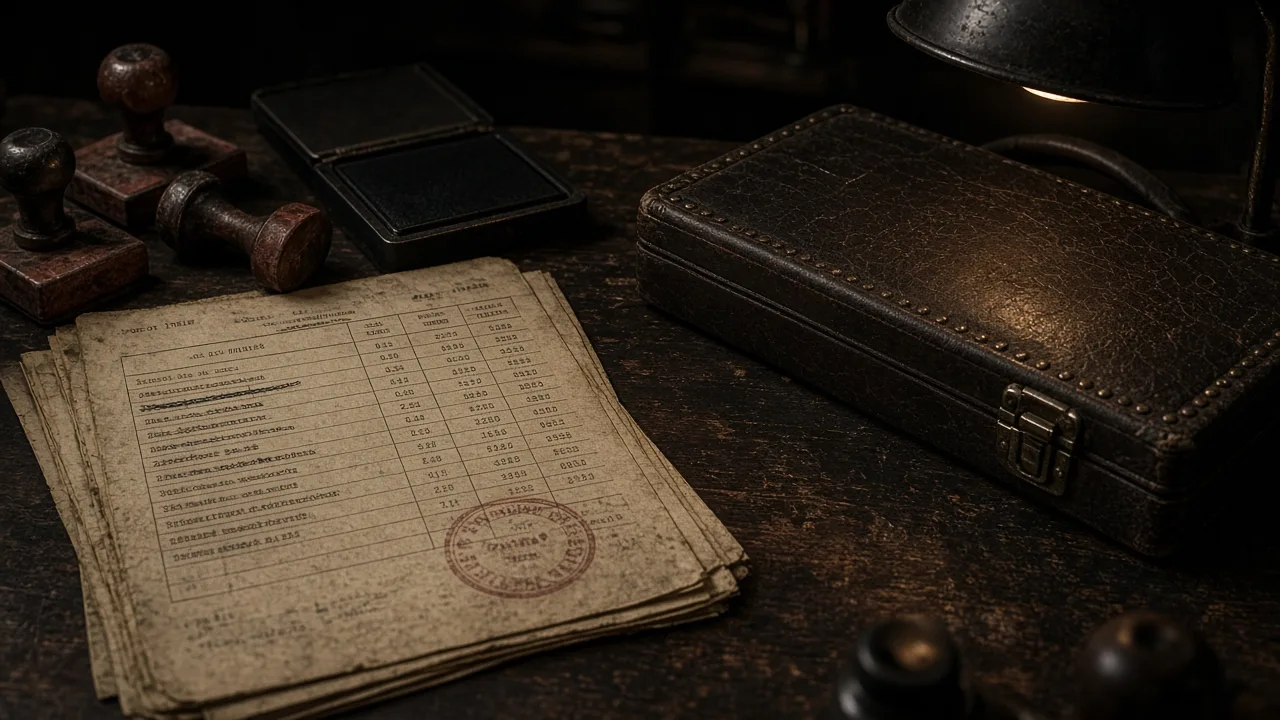 Rubber stamps, typed quota sheets and a closed revolver case on a bureaucratic desk — administration of killing, no parade.