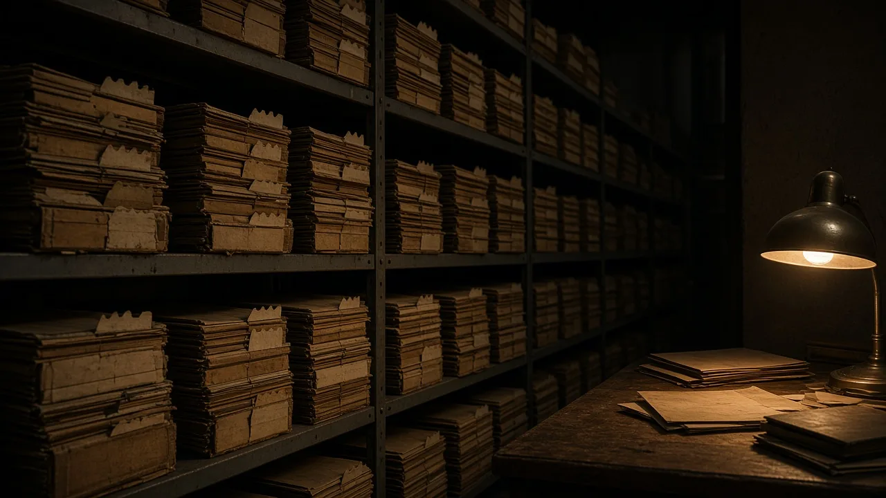 Rows of cardboard file folders on metal shelves vanishing into shadow — paperwork as power, no uniformed heroics.