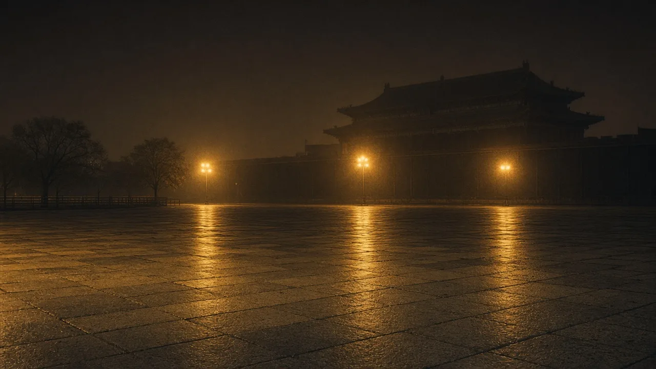 Wide empty avenue at dawn with a fallen plaster statue fragment on the asphalt — silenced square, no triumphant review.