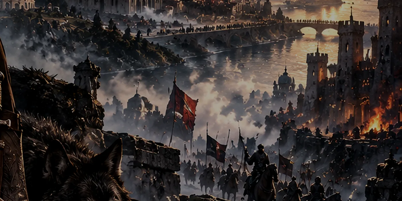 A burning medieval city at dusk, seen from above